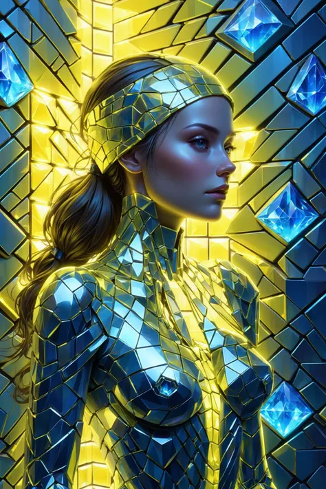 mural made of glowing crystal tiles, woman made completely of tiles, scifi, masterpiece, by ivan marchuk, 3d tiles, 3d shadows, neon yellow, neon blue background <lora:EnvyCrystalXL01:0.6>, (masterpiece:1.2), best quality, (hyperdetailed, highest detailed:1.2), high resolution textures, <lora:EnvyBetterHiresFixXL01:1>