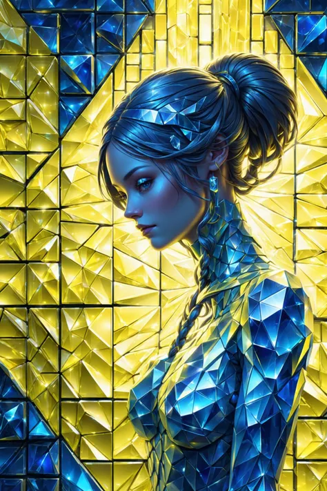 mural made of glowing crystal tiles, woman made completely of tiles, scifi, masterpiece, by ivan marchuk, 3d tiles, 3d shadows, neon yellow, neon blue background <lora:EnvyCrystalXL01:0.6>, (masterpiece:1.2), best quality, (hyperdetailed, highest detailed:1.2), high resolution textures, <lora:EnvyBetterHiresFixXL01:1>