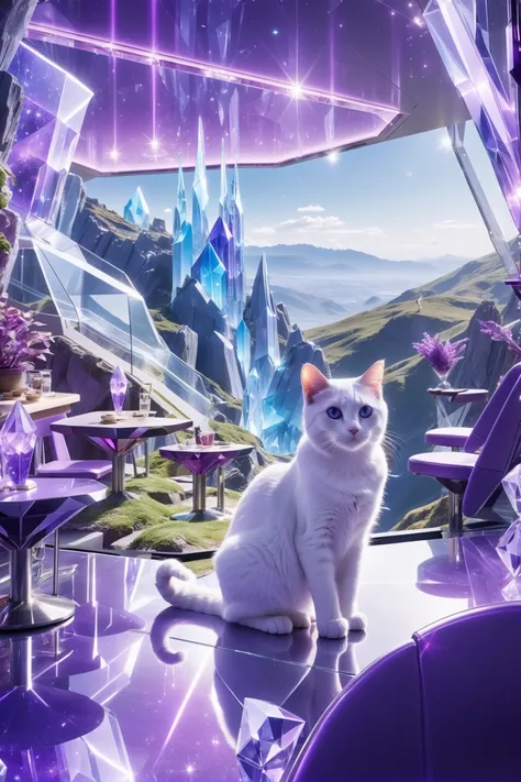 sparkling  ultraviolet crystal, photograph, promotional still, cinematic color grading, scifi, cat cafe in a pristine,dingy fantasy hillside topia edge of the universe, masterpiece, crystal buildingsd<lora:EnvyBetterHiresFixXL01:0:hr=1><lora:EnvyCrystalXL01:1.2>