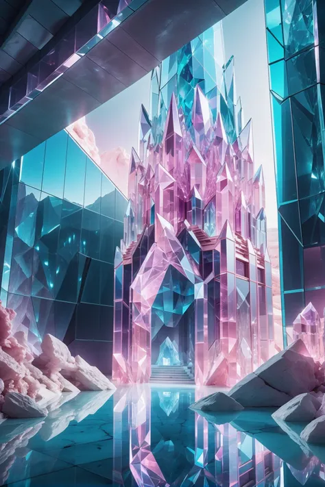 iridescent  pink and aqua crystal brutalism, photograph, promotional still, cinematic color grading, fantasy, secret tunnel in a infinite,mysterious fantasy subterranean arcology at the end of the universe, masterpiece, crystal buildingsd<lora:EnvyBetterHiresFixXL01:0:hr=1><lora:EnvyCrystalXL01:0.8>