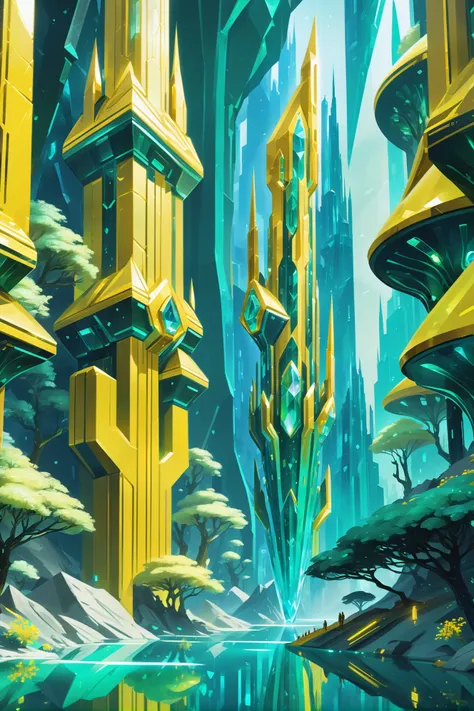 infra dark forest green and muted blue-green crystal, buildings, scifi, Colorful bazaar in a indescribable shimmering bright goldenrod scifi topia at the beginning of reality, masterpiece<lora:EnvyBetterHiresFixXL01:0:hr=1><lora:EnvyCrystalXL01:0.8>