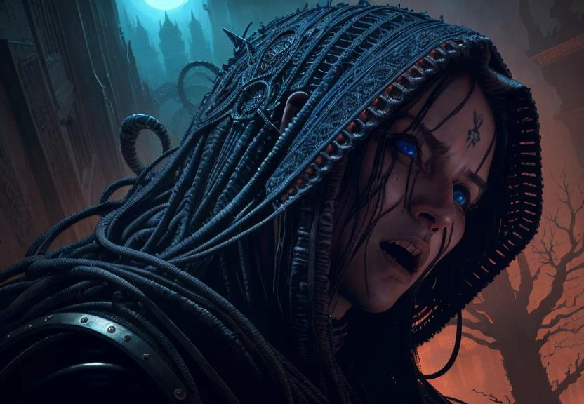 photorealistic, horror, art, masterpiece, intricate details, hair tangle, beauty, eyes convey a sense of fear, mouth twisted, scream, intricate, wide-angle shot, light and shadows, sense of depth, high-quality details, masterpiece, Bruce Pennington, H.R. Giger, Tsutomu Nihei, Wayne Barlowe, and Zdzislaw Beksinski, cinematic, horror, 8K