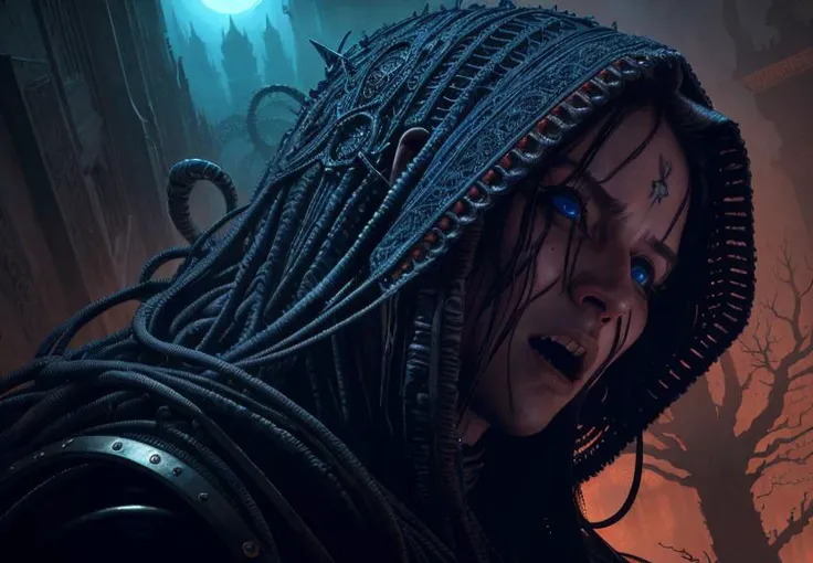 photorealistic, horror, art, masterpiece, intricate details, hair tangle, beauty, eyes convey a sense of fear, mouth twisted, scream, intricate, wide-angle shot, light and shadows, sense of depth, high-quality details, masterpiece, Bruce Pennington, H.R. Giger, Tsutomu Nihei, Wayne Barlowe, and Zdzislaw Beksinski, cinematic, horror, 8K