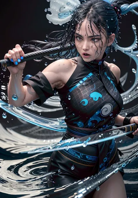 dynamic, action photo, fighting with water, (katana:1.2), female, floating, floating blue_hair, long hair, (waterdrop:1.6), blue_kimono with detailed pattern,(textured_clothing), (black background:1.6), (in center of (tornado|water):1.3), ,
, highres, shadows, masterpiece, best_quality, ultra_detailed, 8k, extremely_clear, absurdres, photograph, Portfolio piece, beautiful artwork, sharp focus, hdr,