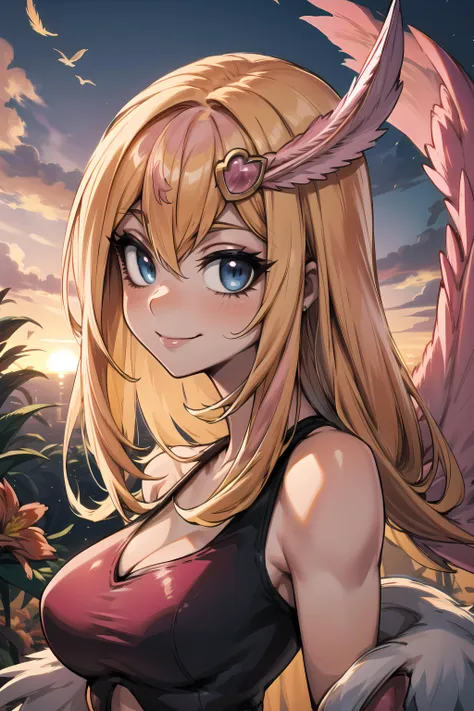 ((masterpiece,best quality)), absurdres, (((sfw))), <lora:Hapie_Girl:0.8>, HarpieGirlYGO, looking at viewer, 1girl, harpie girl \(yu-gi-oh!\), blonde hair, blue eyes, claws, duel monster, feathered wings, feathers, harpie, long hair, medium breasts, monster girl, ((pink feathers, pink wings)), bird legs, winged arms, talons, hair between eyes, ((portrait, )), hair ornament, smile, ((sunset, sky, flowers))