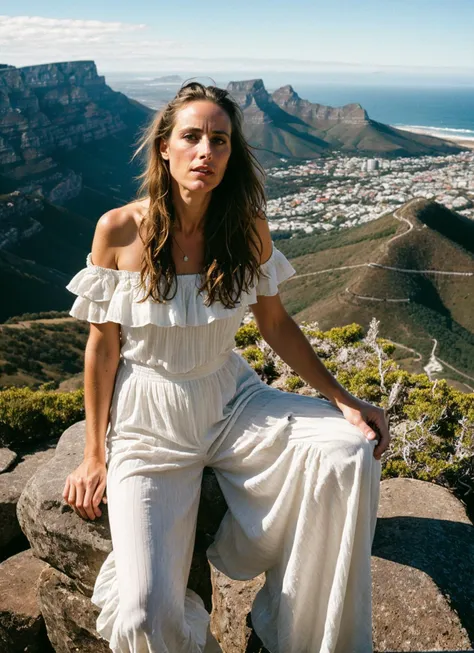 A stunning intricate full color portrait of (sks woman:1) in Cape Town, at Table Mountain, wearing Ruffled top and wide-leg pants, epic character composition, sharp focus, natural lighting, subsurface scattering, f2, 35mm, film grain, , by Ansel Adams, <lora:locon_kimraver_v1_from_v1_64_32:1>