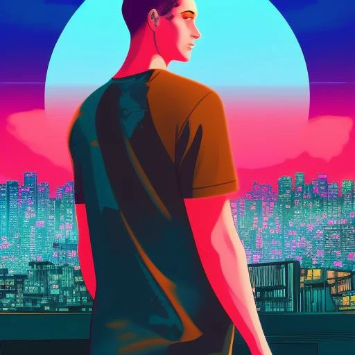 femboy in a long tshirt,  punk makeup, digital illustration, 90s,  tokyo sunset,rending on arstation, synthwave, city punk,  rim lighting, wvebg1