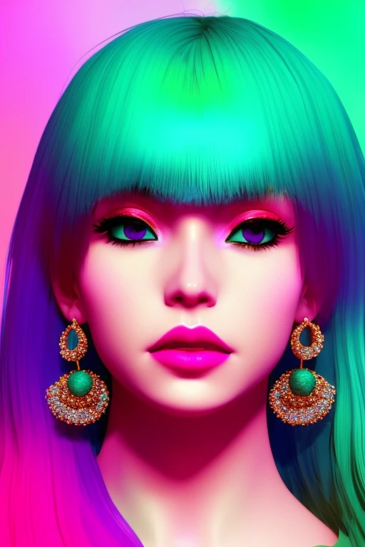 wvert1 ,digital art, 1girl, aqua_background, black_hair, blue_background, brown_eyes, earrings, from_side, jewelry, lips, long_hair, makeup, parted_lips, profile, solo, upper_body, vaporwave, trending on artstation