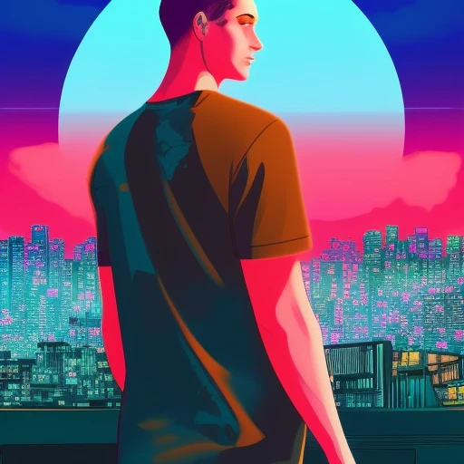 femboy in a long tshirt,  punk makeup, digital illustration, 90s,  tokyo sunset,rending on arstation, synthwave, city punk,  rim lighting, wvebg1