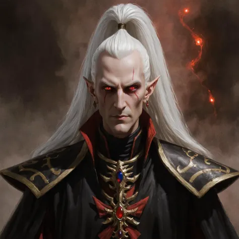 A portrait of Eldrad Ulthran.
He is a tall, thin, and pale Eldar with long, white hair and red eyes. He is wearing a black and red robe with a high collar. He is surrounded by a psychic aura.
Warhammer 40k, complex background
<lora:Aeldari:1>