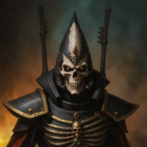 A portrait of Maugan Ra
He is a tall, thin, and Eldar with a skull helmet. He is wearing a dark reaper.
Warhammer 40k, complex background.
<lora:Aeldari:1>