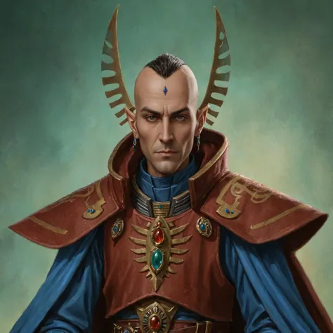 A portrait of Eldar Farseer.
He is a tall, thin, and Eldar. He is wearing a farseer armour and cape.
Warhammer 40k, complex background.
<lora:Aeldari:1>