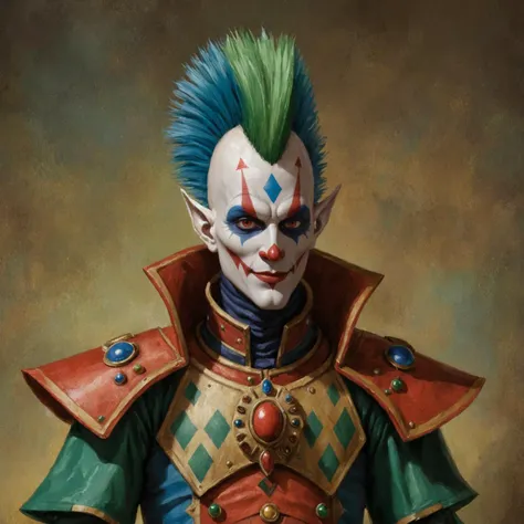 A portrait of Eldar Harlequin.
He is a tall, thin, and Eldar with a (clown mask with mohawk). He is wearing a jester armour and cape.
Warhammer 40k, complex background.
<lora:Aeldari:1>