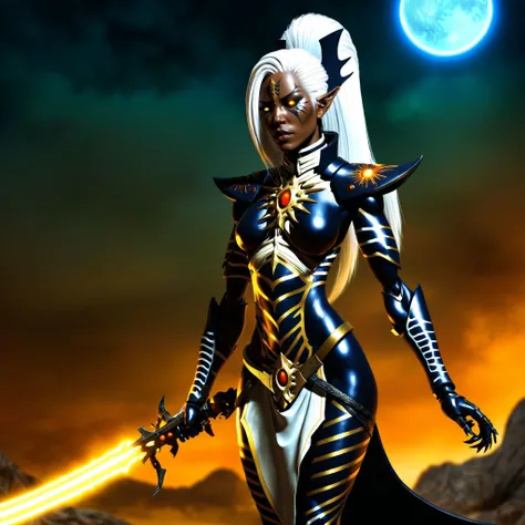 Generate a stunning art style, a true [masterpiece] [best quality] of art. The image showcases [detailed linework], [dynamic shading], and [dramatic lighting], bringing to life a [dreading atmosphere, grim dark coloures]. Eldar , white hair, [full body, standing].  She is wearing a stunning , black  power armor,  kintsugi:1.5  <lora:Aeldari:1>