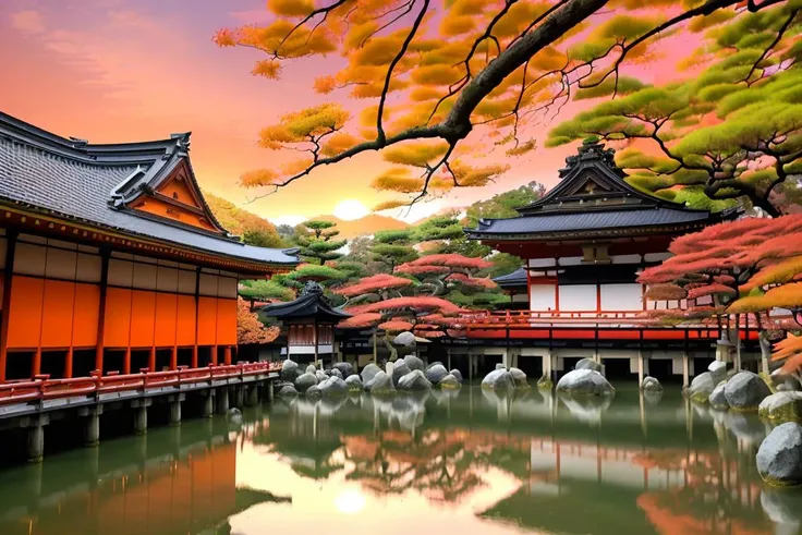 sunset
( Wander through the stunning Eikan-do Temple in Kyoto, famous for its vibrant autumn foliage, tranquil gardens, and breathtaking views of the city :1.3),