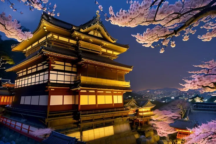 twilight
( Explore the magnificent Kiyomizu-dera Temple in Kyoto, perched on a hillside and offering breathtaking views of the city, especially during cherry blossom season :1.3),