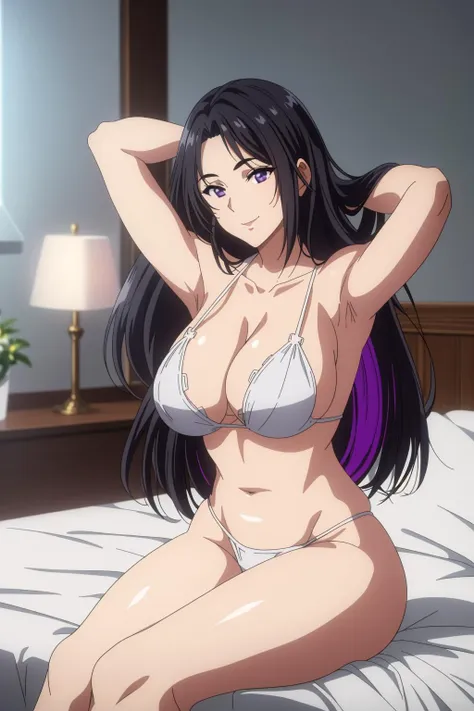 1girl, <lora:cattleya_baudelaire_v8:0.6>, black hair, long hair, purple eyes, big breasts, white bikini, bare shoulders, sitting on bed, light smile, indoors, looking to the viewer, side view, armpit,
extremely detailed CG unity 8k wallpaper, perfect lighting,Colorful,
(masterpiece:1.0),(best_quality:1.0), ultra high res,4K,ultra-detailed,
photography, 8K, HDR, highres, absurdres:1.2, Kodak portra 400, film grain, blurry background, bokeh:1.2, lens flare, (vibrant_color:1.2), (beautiful_face:1.5),(narrow_waist),  <lora:goldSun_saiminSeishidou:0.2>, <lora:GoodHands-vanilla:1>