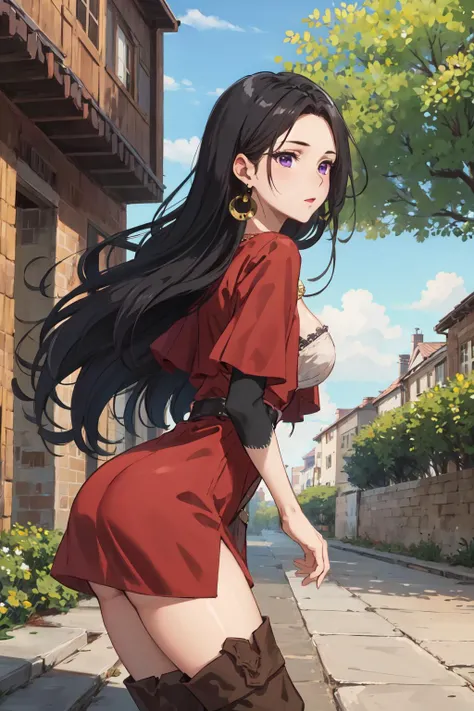 masterpiece, best quality, highres, 1girl, black hair, long hair, purple eyes, necklace, earrings, thighhighs, red dress, cleavage, <lora:cattleya_baudelaire_v1:0.6>, from side, outdoors,