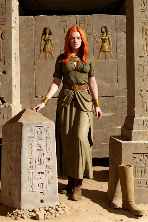 an ancient egyptian tomb. ((grave goods and sarcophagi)). an irish redhead woman experienced archaeologist . 1910. wearing khaki shirt, long skirt, leather boots.