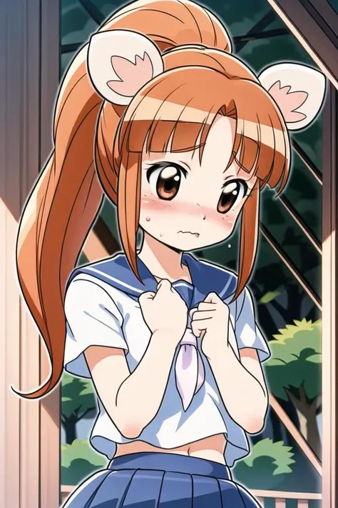 <lora:PrincessLione:1>, princessLione, serafuku, blush, wavy mouth, embarassed, closed mouth, looking away, masterpiece, best quality,