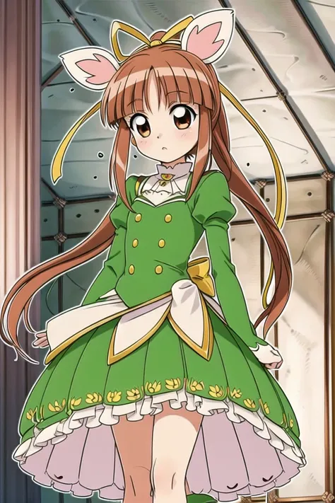 <lora:PrincessLione:1>, princessLione, green dress, hair ribbon, normal hands, good hands, beautiful hands, closed hands, fist, (thumb), masterpiece, best quality,