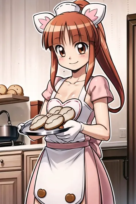 <lora:PrincessLione:1>, princessLione, apron, kitchen, cooking, baking, ((cookies)), smile, oven mitts, ((holding tray)), chef hat, top hat, masterpiece, best quality,