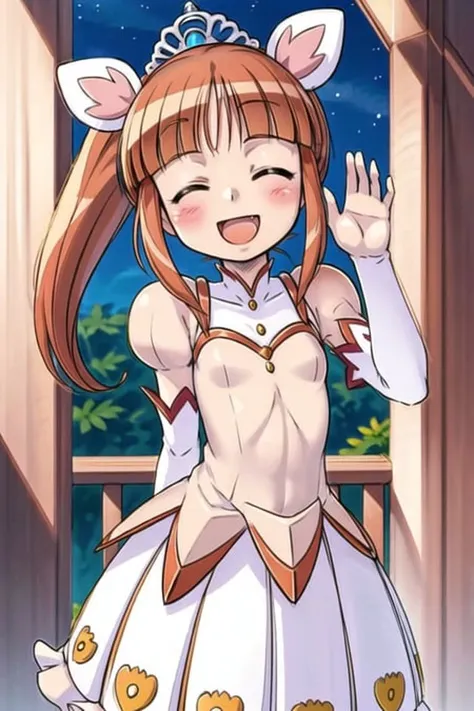 princessLione, arm behind back, head tilt, blush, smile, closed eyes, tiara, <lora:PrincessLione:1>, open mouth, (waving), fang, masterpiece, best quality,