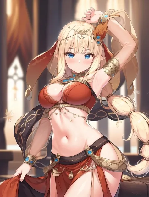masterpiece, best quality, 1girl, saren_sarasaria, blonde hair, blue eyes, veil, detached sleeves, midriff <lora:saren_sarasaria:0.8>