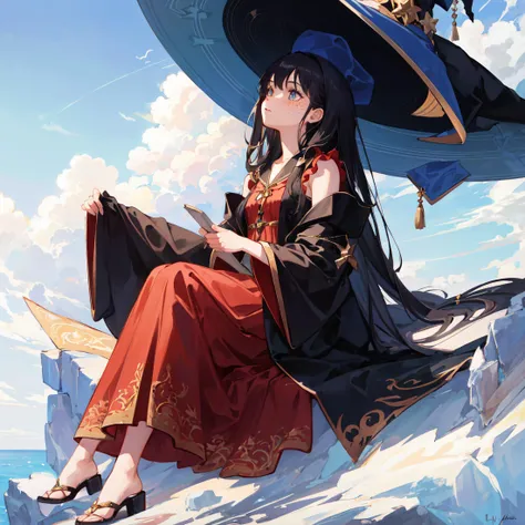 a young girl witch, ilyaquis design, white background, highly detailed background, black fade hair style, freckles, wearing robes, sitting on a cloud, looking up, by karol bak