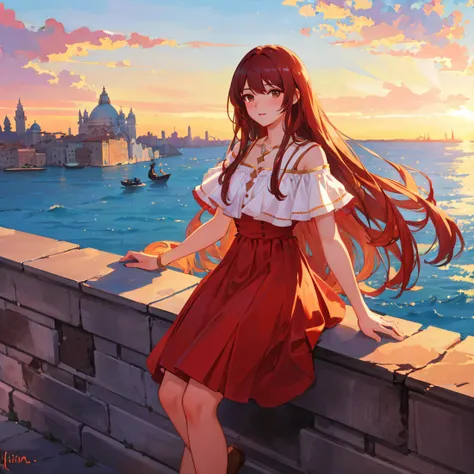 highly detailed painting, young girl, ilyaku, long hair and bangs, red dress, standing, edge of a cliff, overlooking Venice city during sunset, golden hour, rim lighting, by Gaston Bussiere