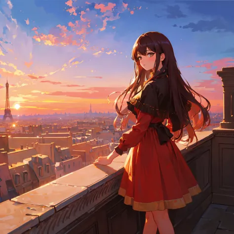 highly detailed painting, young girl, ilyaku, long hair and bangs, red dress, standing, edge of cliff, overlooking paris city during sunset, golden hour, rim lighting, by gaston bussiere