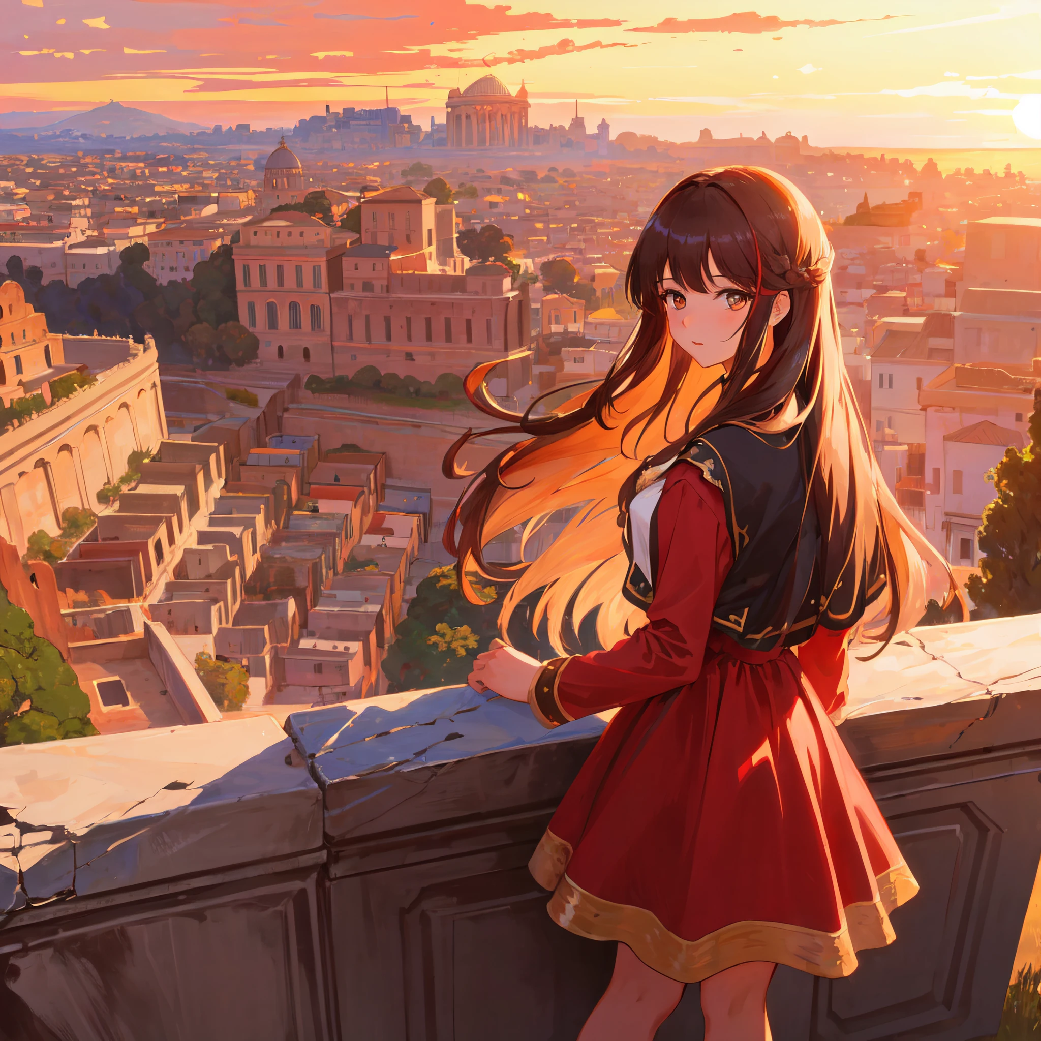 highly detailed painting, young girl, ilyaku, long hair and bangs, red dress, standing, edge of a cliff, overlooking Rome city during sunset, golden hour, rim lighting, by Gaston Bussiere