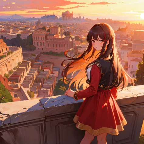 highly detailed painting, young girl, ilyaku, long hair and bangs, red dress, standing, edge of a cliff, overlooking Rome city during sunset, golden hour, rim lighting, by Gaston Bussiere