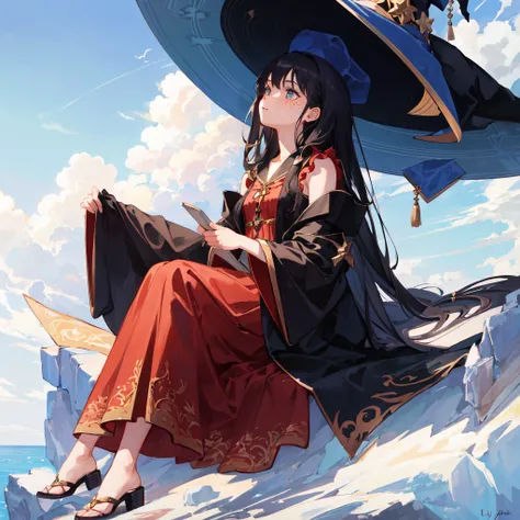 a young girl witch, ilyaquis design, white background, highly detailed background, black fade hair style, freckles, wearing robes, sitting on a cloud, looking up, by karol bak