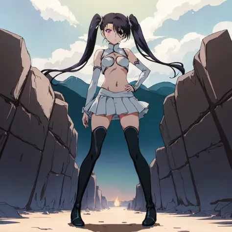 <lora:Loly_Aivirrne-10:1>outdoor,desert,high quality,Masterpeace,Loly_Aivirrne, 1girl, solo, long hair, white miniskirt, black hair, black thigh boots, navel, twintails, flat chest, pleated skirt, zettai ryouiki, eyepatch, center opening, midriff, cleavage, clothing cutout, purple eyes, full body, standing, hand on hip