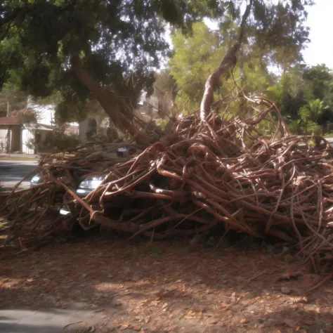 Digital photo of an old tree twisted with pieces of metal, rust, nails, [old car parts], broken machines, twisted, splintered