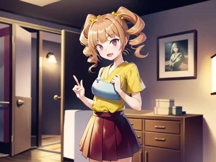 (hyper extreme detailed),(masterpeace),(hyper extreme),(photorealistic),CG,llustration,novel illustration,1girl, <lora:yaeko_v1:0.8> yaeko,red skirt,yellow outfit,blonde hair,