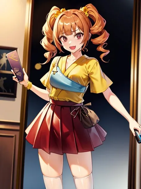 (hyper extreme detailed),(masterpeace),(hyper extreme),(photorealistic),CG,llustration,novel illustration,1girl, <lora:yaeko_v1:0.8> yaeko,red skirt,yellow outfit,