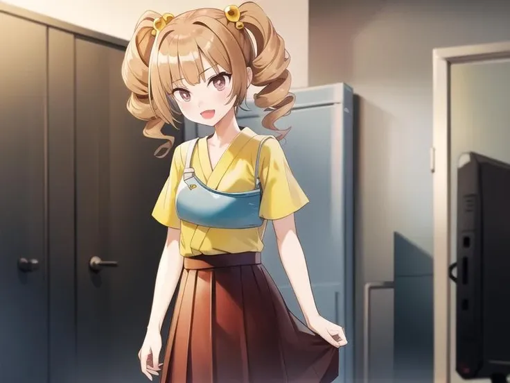 (hyper extreme detailed),(masterpeace),(hyper extreme),(photorealistic),CG,llustration,novel illustration,1girl, <lora:yaeko_v1:0.8> yaeko,red skirt,yellow outfit,blonde hair,
