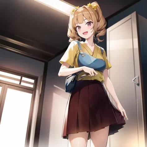 (hyper extreme detailed),(masterpeace),(hyper extreme),(photorealistic),CG,llustration,novel illustration,1girl, <lora:yaeko_v1:0.8> yaeko,red skirt,yellow outfit,blonde hair,