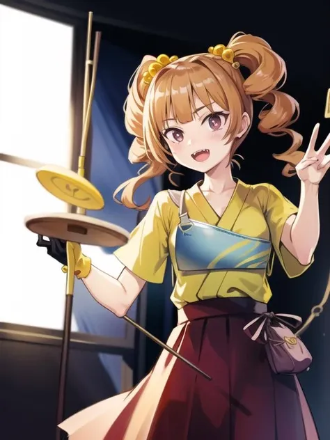 (hyper extreme detailed),(masterpeace),(hyper extreme),(photorealistic),CG,llustration,novel illustration,1girl, <lora:yaeko_v1:0.8> yaeko,red skirt,yellow outfit,(double teeth:0.8),holding bow,Kyudo,blonde hair,