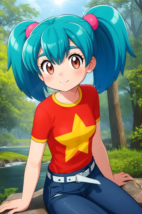 pkmnduplica, 1girl, brown eyes, aqua hair, medium hair, bangs, twintails, hair tie,
t-shirt, red shirt, short sleeves, star print, belt, blue pants, denim, jeans,
smile,closed mouth,cowboy shot,sitting,
forest,outdoor,
(insanely detailed, beautiful detailed face, masterpiece, best quality) cinematic lighting,<lora:PKMN_Duplica_v1:1>, <lora:more_details:0.3>,