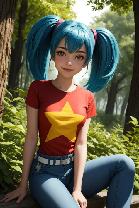pkmnduplica, 1girl, brown eyes, aqua hair, medium hair, bangs, twintails, hair tie,
t-shirt, red shirt, short sleeves, star print, belt, blue pants, denim, jeans,
smile,closed mouth,cowboy shot,sitting,
forest,outdoor,
(insanely detailed, beautiful detailed face, masterpiece, best quality) cinematic lighting,<lora:PKMN_Duplica_v1:1>, <lora:more_details:0.3>,