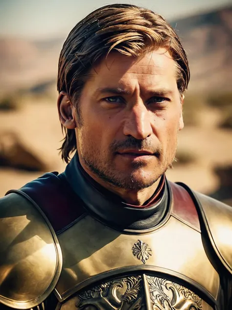 cinematic film still n1k0k0 , facial hair, short hair, game of thrones, jaime lannister, looking at viewer, sunny, desert <lora:n1k0k0-Lora:1> . shallow depth of field, vignette, highly detailed, high budget, bokeh, cinemascope, moody, epic, gorgeous, film grain, grainy
