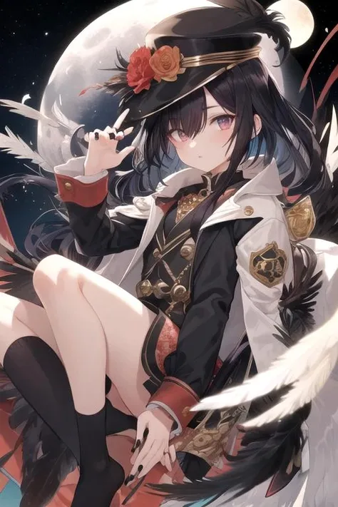 1girl, bangs, black hair, black nails, cover, cuffs, feathers, flower, hair between eyes, hat, jacket, jewelry, long sleeves, moon, socks, solo, speech bubble, style\(tsubonari\) <lora:(å£ºä¹)Tsubonari_artist_style:1>