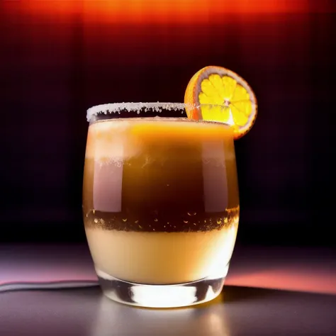 a Tangerine Maple Mule cocktail made with Whiskey Maple Syrup Maraschino Liqueur Tangerine Juice Egg White in a Old-Fashioned Glass, ((neon graffiti lighting background)), photorealistic, portrait, professional, clean, focus, action, shadows, depth of field, UHD, alcohol ads, luxury, urban, bar, atmospheric, creative, artistic, fast prime lens, wide aperture lens, low light lens, off-camera flash, light modifiers, contrast, clarity, sharpening, color balance, high iso, f/1.8, 50mm, cool white balance, reflectors <lora:cocktail_v2:1>