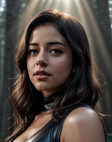 beautiful woman (Anany4P4nd3y01-130:.99), a woman, face closeup photo of woman, (fantastic scenery, outdoors, forest[::2], ), ((wearing a sleeveless leather catsuit)),24mm, 4k textures, soft cinematic light, adobe lightroom, photolab, hdr, intricate, elegant, highly detailed, sharp focus, ((((cinematic look)))), soothing tones, insane details, intricate details, hyperdetailed, high contrast, soft cinematic light, exposure blend, hdr, faded, (god rays,:1.2), lights and shadows, (beautiful sunlit atmosphere:1.4),