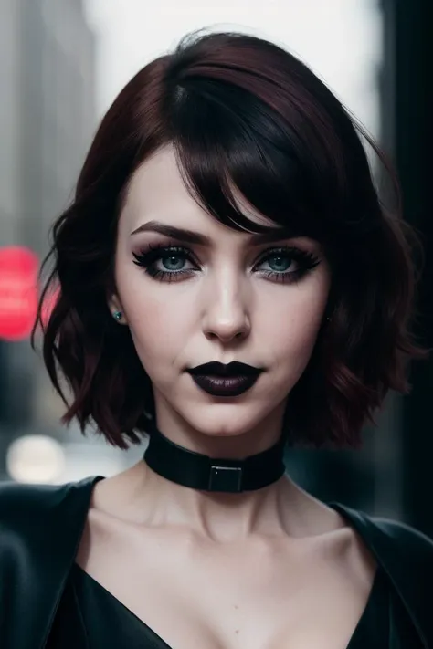 stefjo,  ((detailed skin, detailed face):1.2), ((detailed eyes, beautiful eyes):1.2), ((red lipstick, eyeliner, eye shadow, blush)),  ,photo of a woman, RAW, close portrait photo, ((black bodysuit, cape)),((short hair, dark red hair)), ((outdoors, detailed scifi city, walking)), slim body, 8k uhd, dslr, soft lighting, high quality, film grain, Fujifilm XT3 sharp focus, f 5.6,((black lipstick, heavy eyeliner, heavy eye shadow, goth makeup, pale skin)) , smiling