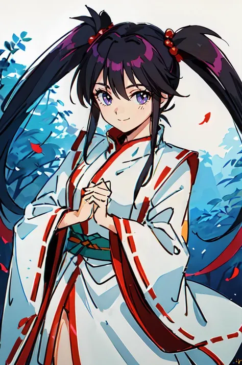 ultra detailed, masterpiece, best quality,
solo,
cowboy shot,
facing viewer,
soft smile, light smile,
<lora:Enno_Chiaki:0.6> Enno_Chiaki, black_hair,black_eyes, hair_ornament, japanese_clothes, twintail_hair, long_sleeves, miko, ribbon-trimmed_sleeves, wide_sleeves, white_skirt, <lora:_SamDoesArt2_:1>