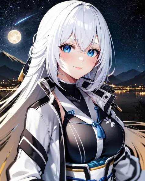 best quality, (masterpiece:1.2), illustration, absurdres,
(1girl), (solo), (beautiful detailed girl), (upper body, portrait),
<lora:ShizunaKuro1:1>, Shizuna Rem Misurugi, white hair, long hair, ribbon, blue eyes, medium breasts,
white jacket, black bodysuit, ornate bodysuit, black legwear, toeless legwear,
looking at viewer, smile,
mountains, autumn, (night, starry sky:1.2), japanese terrain, distant lights, moon,